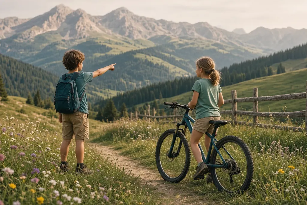 Zwei Schulkinder wandern und radeln im Sommer über eine Almwiese in den Alpen