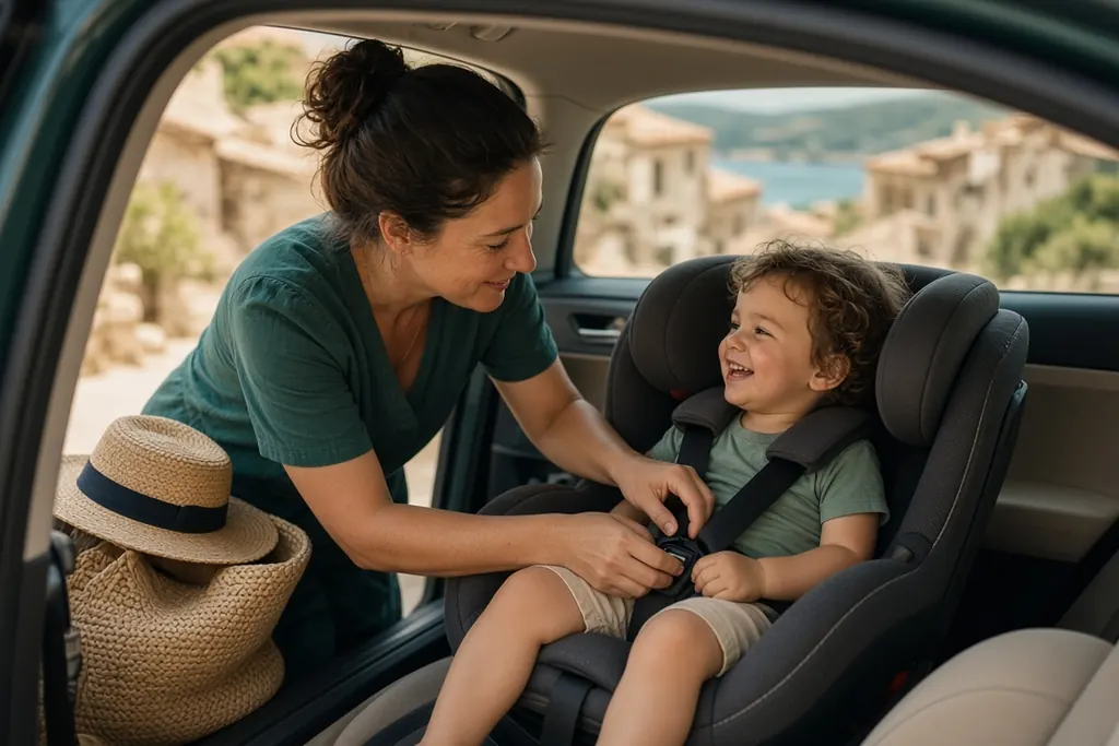 Ein Elternteil schnallt ein Kleinkind im Kindersitz auf dem Rücksitz eines Autos an, daneben Sonnenhut und Strandtasche