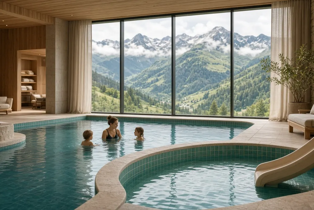 Familienhotel-Hallenbad mit Kinderbecken und großem Panoramafenster mit Blick auf die Berge (fiktiv)