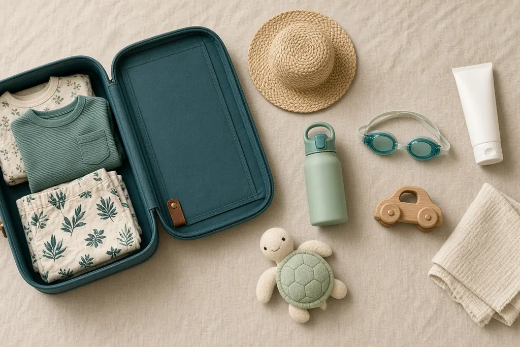 Flatlay: offener Koffer mit Kinderkleidung, Sonnenhut, Trinkflasche und Spielzeug für den Familienurlaub