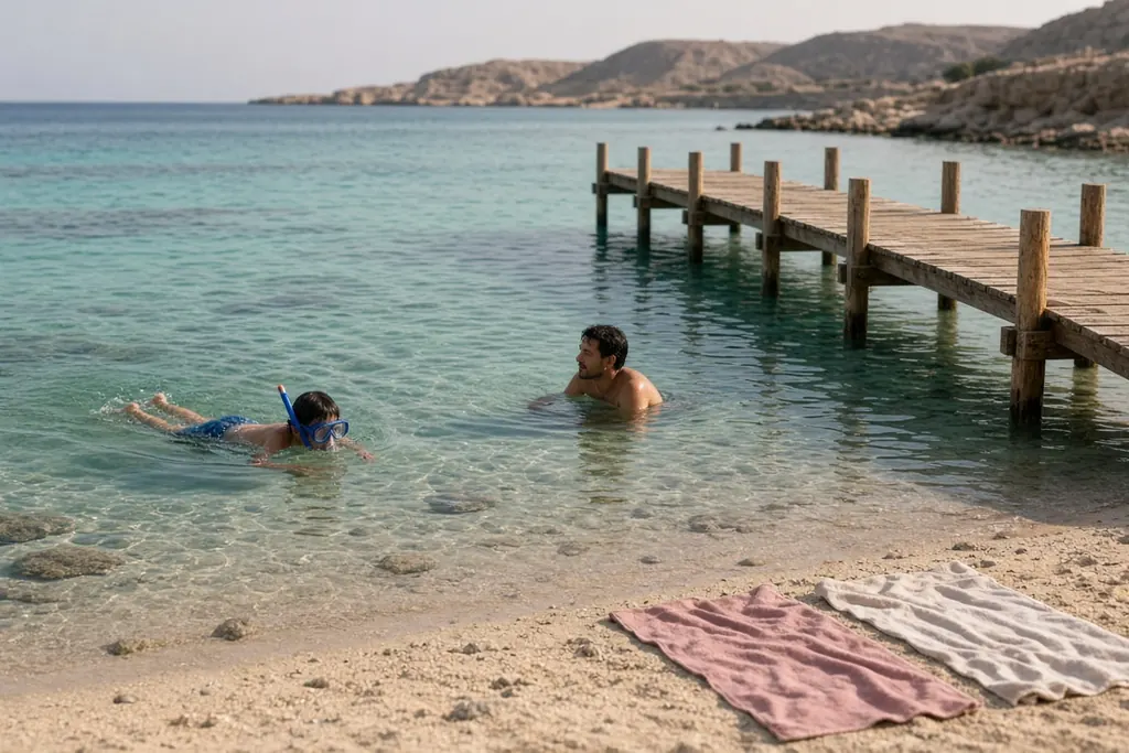 Schulkind schnorchelt mit Elternteil in einer flachen Bucht am Roten Meer