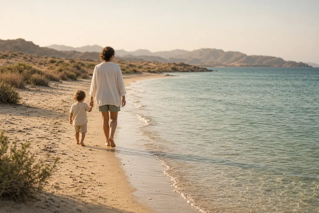Elternteil mit Kleinkind läuft am ruhigen Sandstrand des Roten Meeres bei Marsa Alam