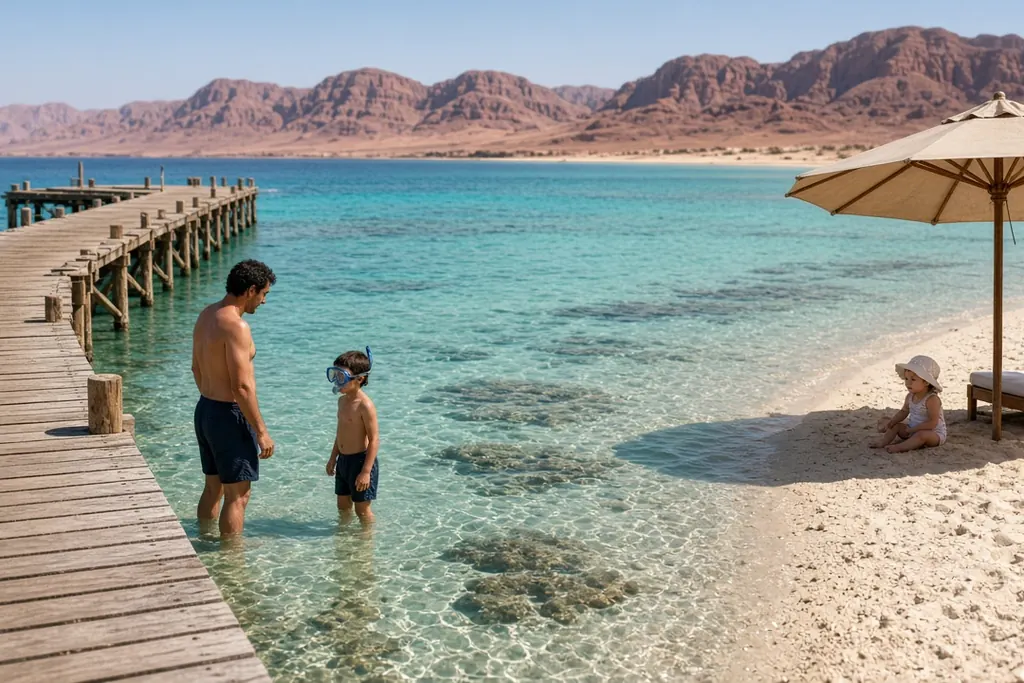 Familie am Roten Meer: Kind und Elternteil mit Schnorchelmaske im flachen Wasser, Steg über das Riff, Kleinkind spielt im Schatten (fiktive Hotelanlage)