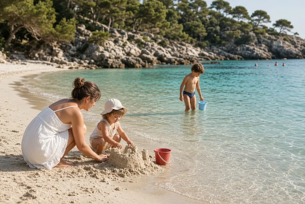 Familie baut Sandburg an einer ruhigen, flachen Sandbucht am Mittelmeer auf Mallorca