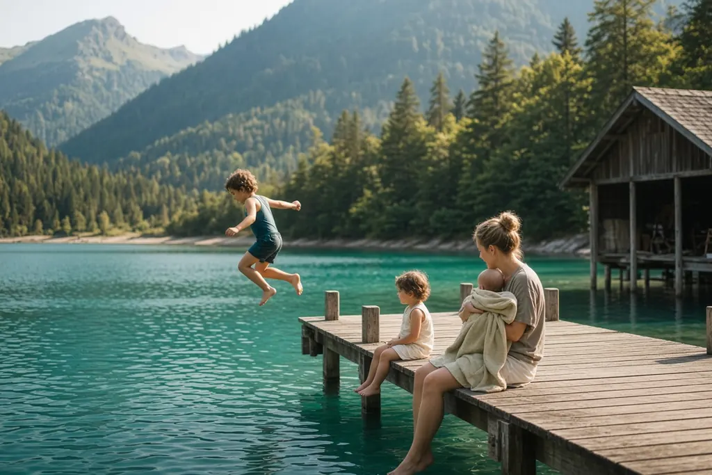 Familie mit Baby, Kleinkind und Schulkind an einem Badesteg an einem türkisen Bergsee in Österreich im Sommer