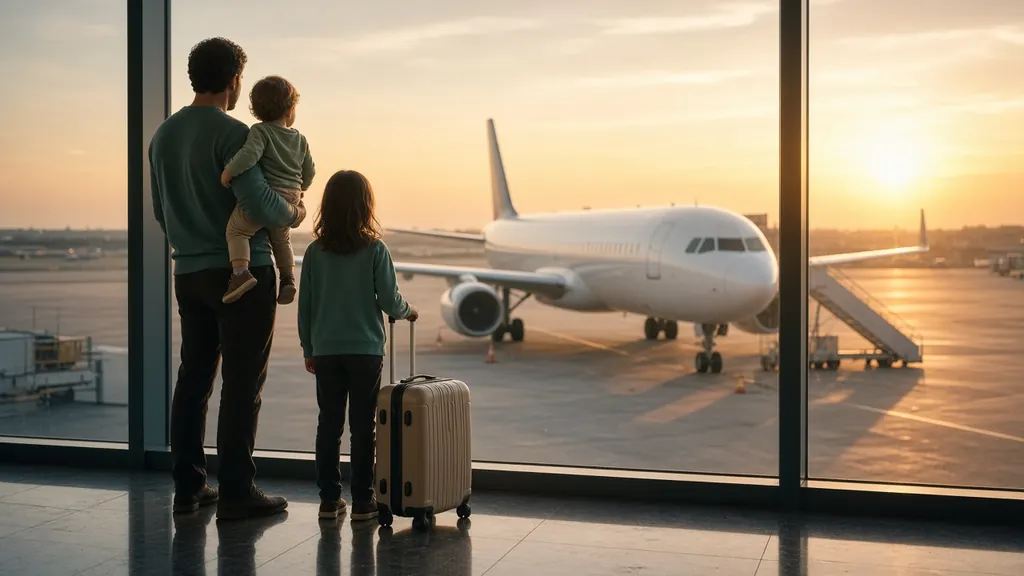 Familie mit Kleinkind und Schulkind schaut am Flughafenfenster auf ein Flugzeug ohne Beschriftung – Vorfreude auf den Familienurlaub