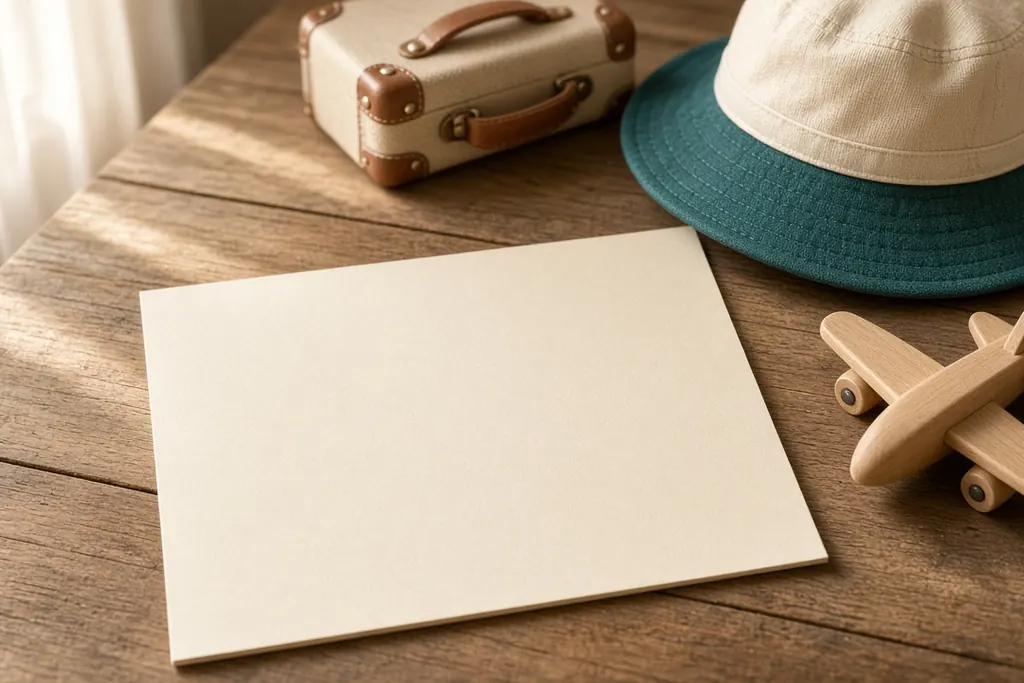 Kleiner Koffer, Sonnenhut, Holzflugzeug und ein leeres Blatt Papier auf einem Holztisch – Symbol für die Reiseplanung