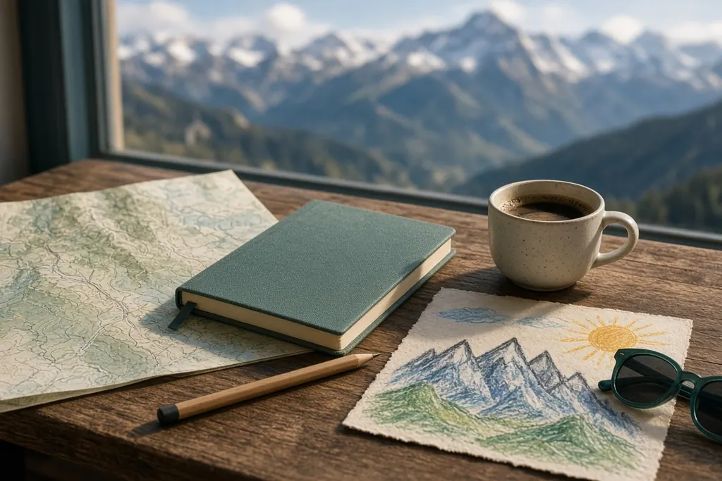 Holztisch mit Wanderkarte, Notizbuch, Kaffee und Kinderzeichnung von Bergen – Urlaubsplanung